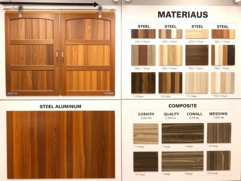 Various garage door materials and styles showing different price points and quality levels