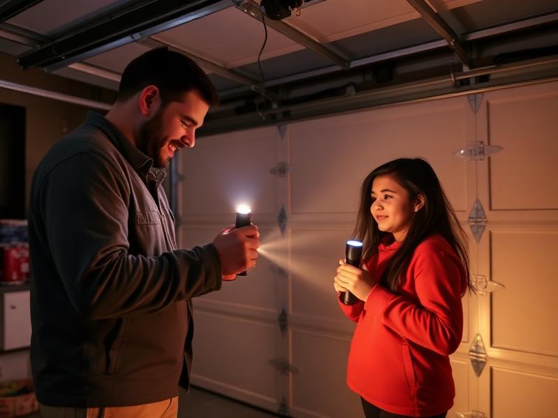 Garage door emergency release mechanism being demonstrated for family safety