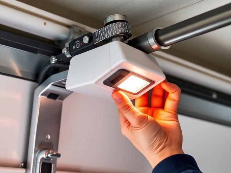 Garage door safety sensor being calibrated by professional technician in Portland home