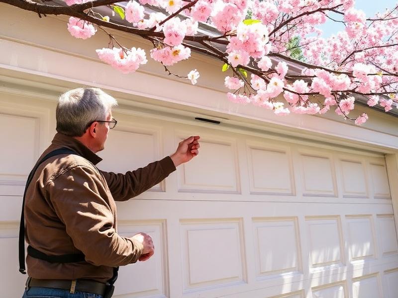 Homeowner inspecting garage door springs and hardware during spring maintenance