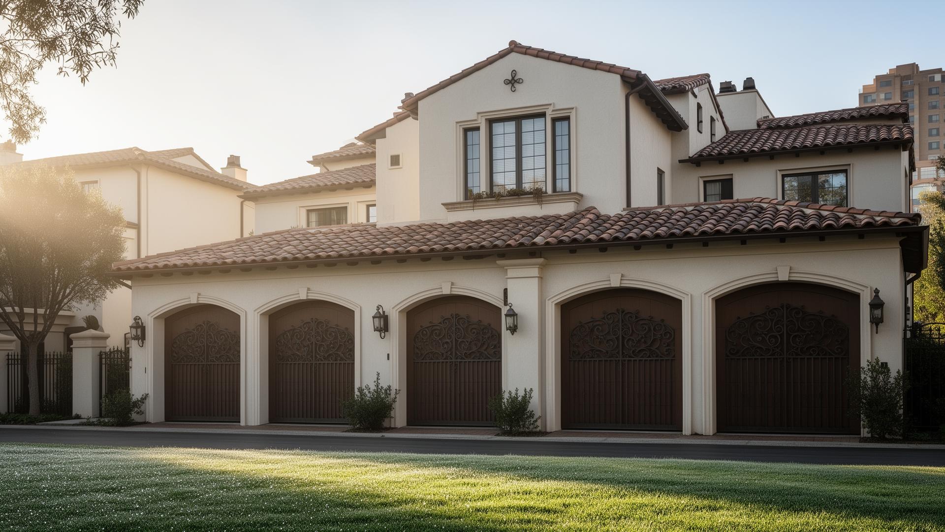Spanish colonial style garage doors with decorative iron grilles on upscale Portland townhouse
